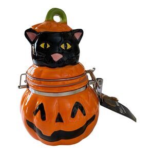 Ceramic Halloween Full Moon Black Cat in Jack o Lantern Pumpkin Treat Jar